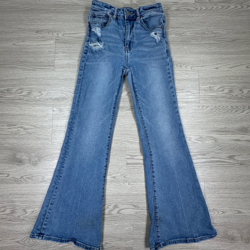 American Eagle Women Jeans Super Hi-Rise Flare Blue 0 Short Distressed Raw Hem